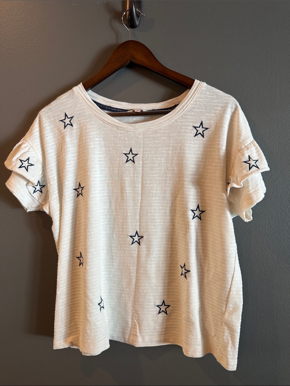 Skies Are Blue Cream Short Sleeve Top with Navy Star Embroidery